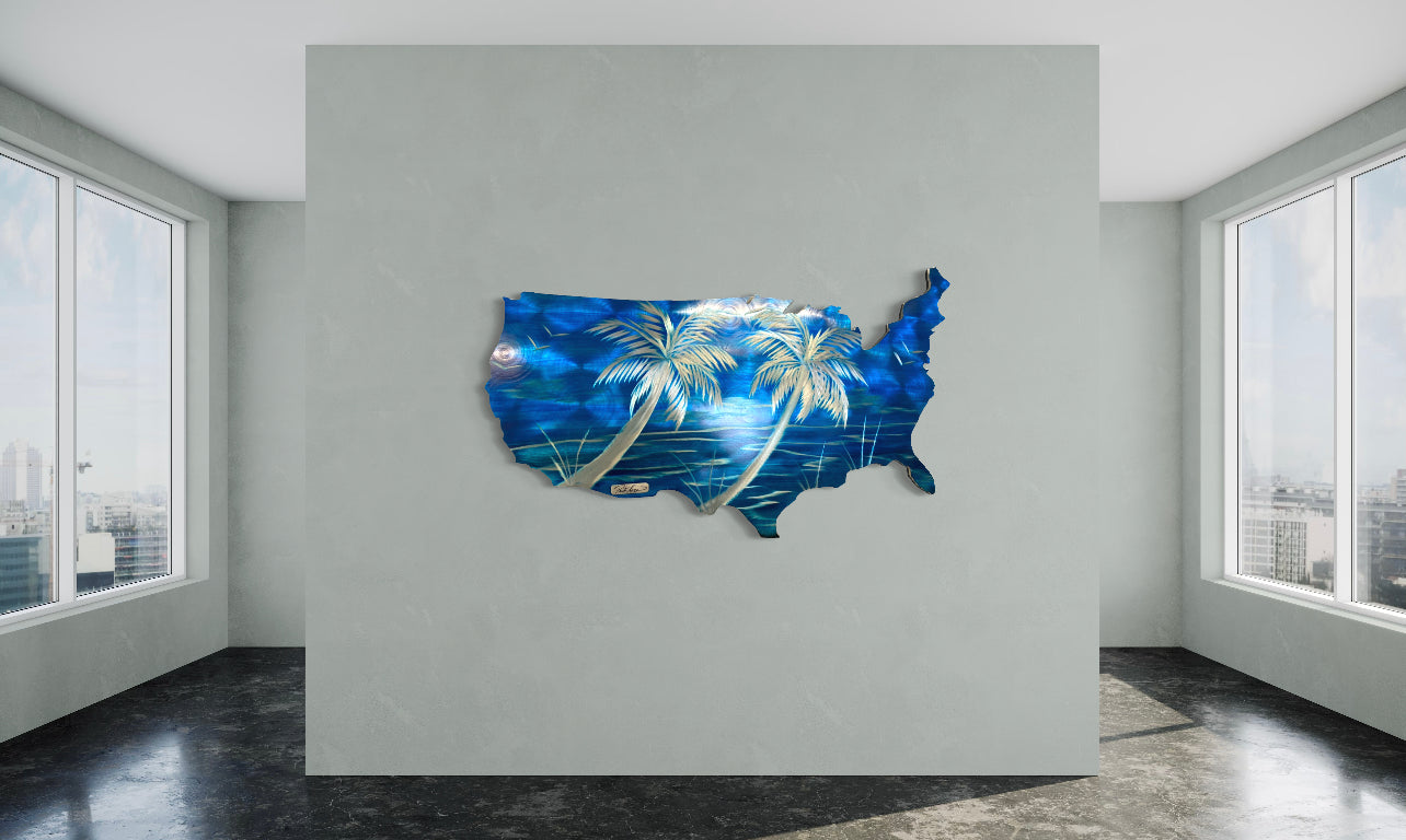 USA map, Tropical Edition Blue Skies + Color and Size Options Pete Koza Metal Art