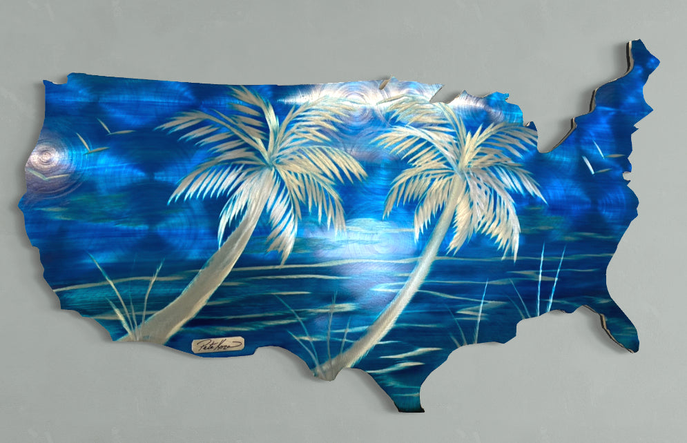 USA map, Tropical Edition Blue Skies + Color and Size Options Pete Koza Metal Art