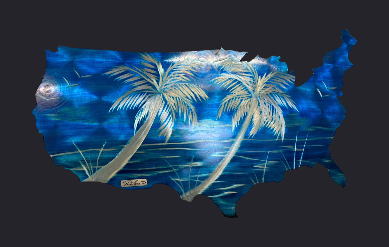 USA map, Tropical Edition Blue Skies + Color and Size Options Pete Koza Metal Art