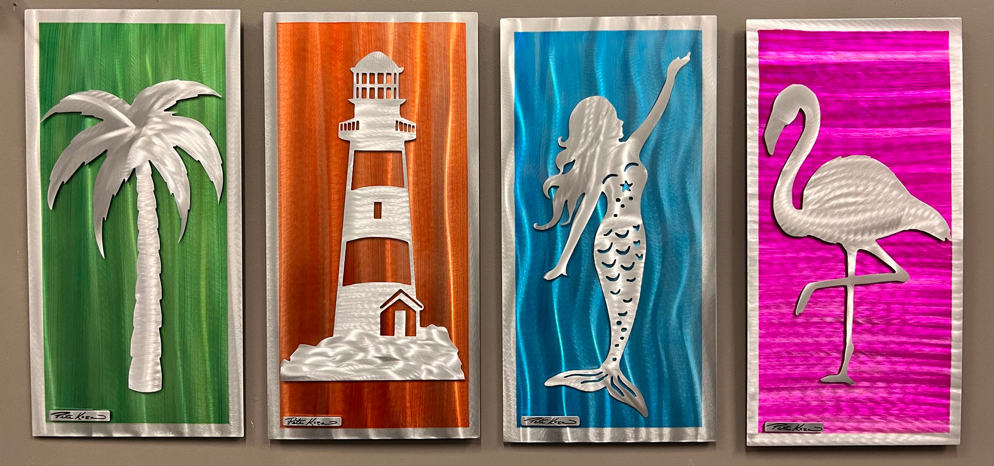 4 Piece Set Mermaid, Palm Tree, Lighthouse, Flamingo PETE KOZA METAL ART