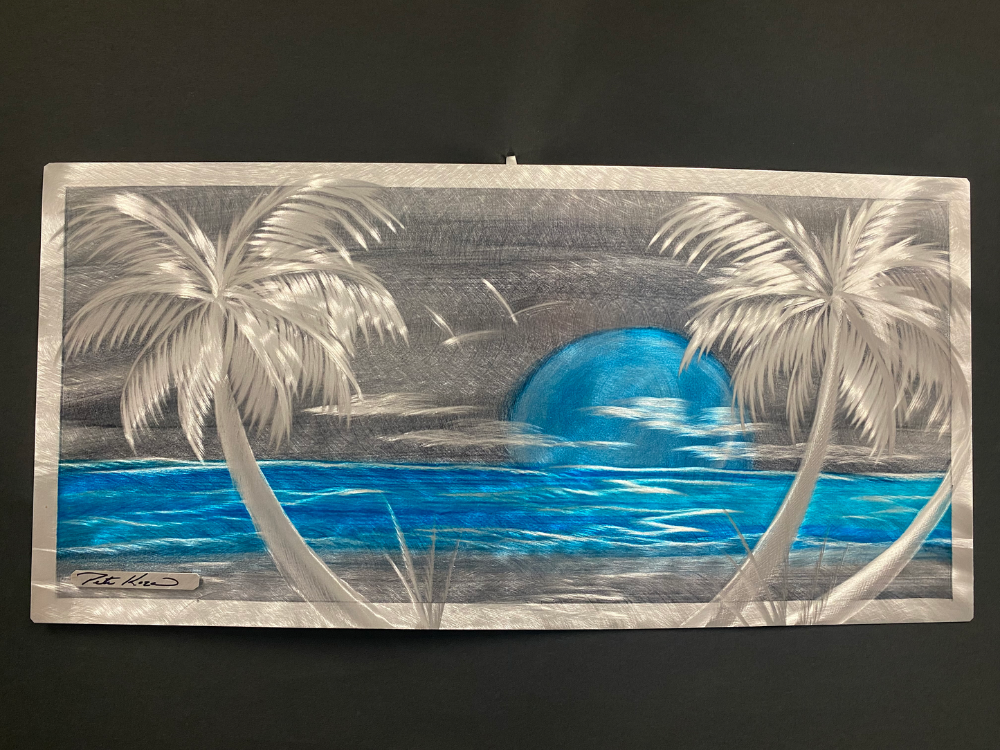 Aqua Blue Silver Palms Scene PETE KOZA METAL ART