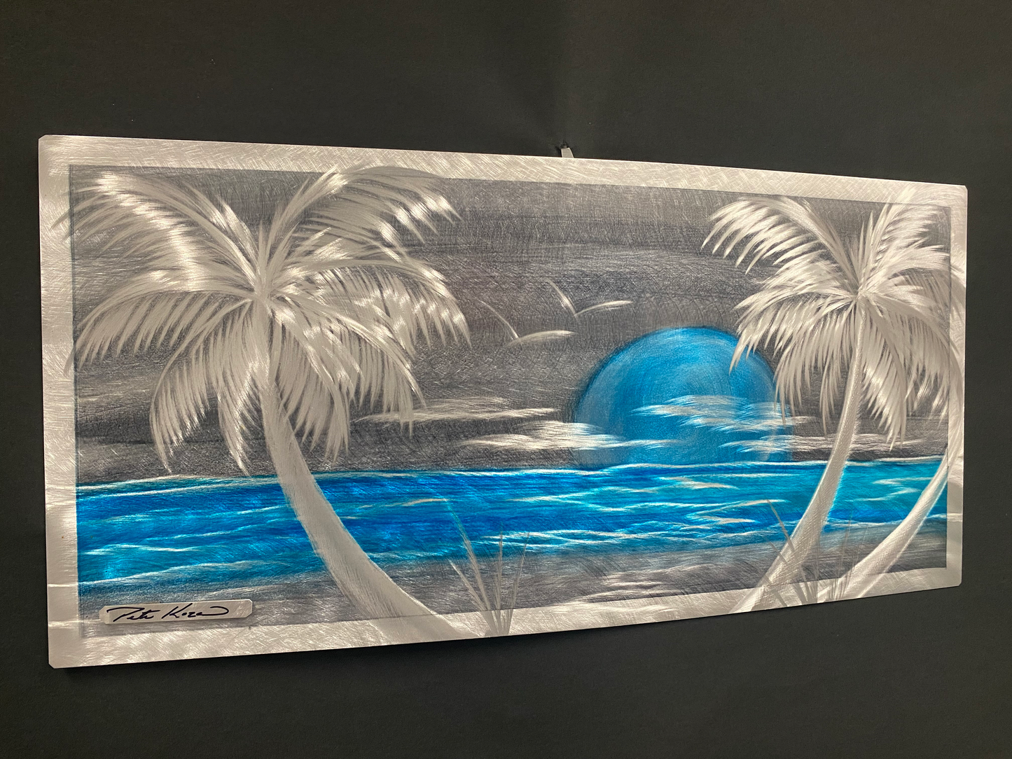 Aqua Blue Silver Palms Scene PETE KOZA METAL ART