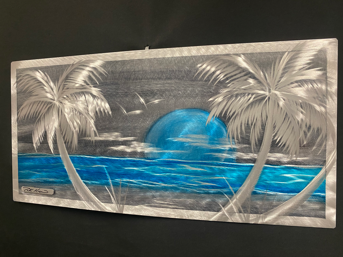 Aqua Blue Silver Palms Scene PETE KOZA METAL ART