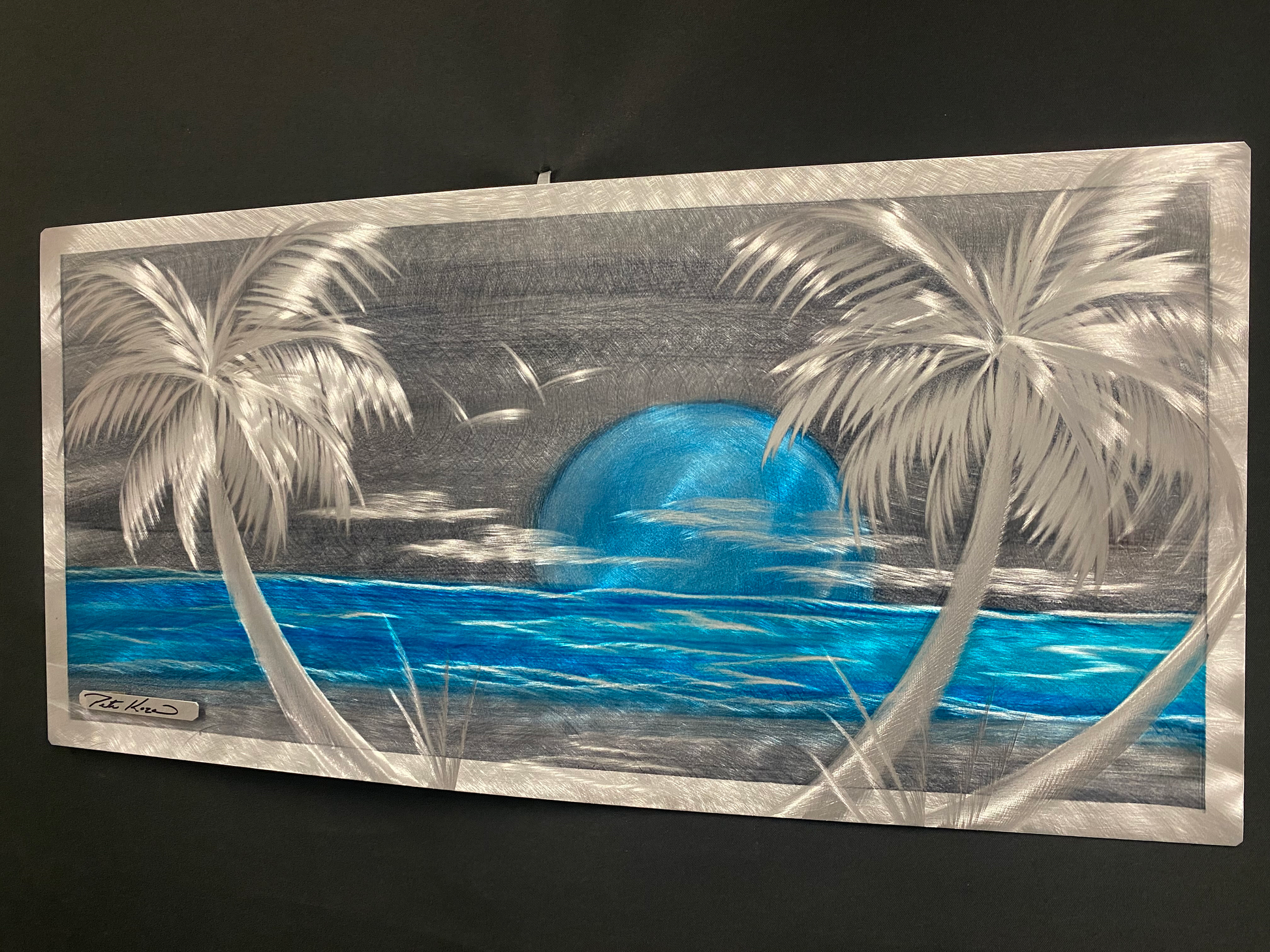 Aqua Blue Silver Palms Scene PETE KOZA METAL ART